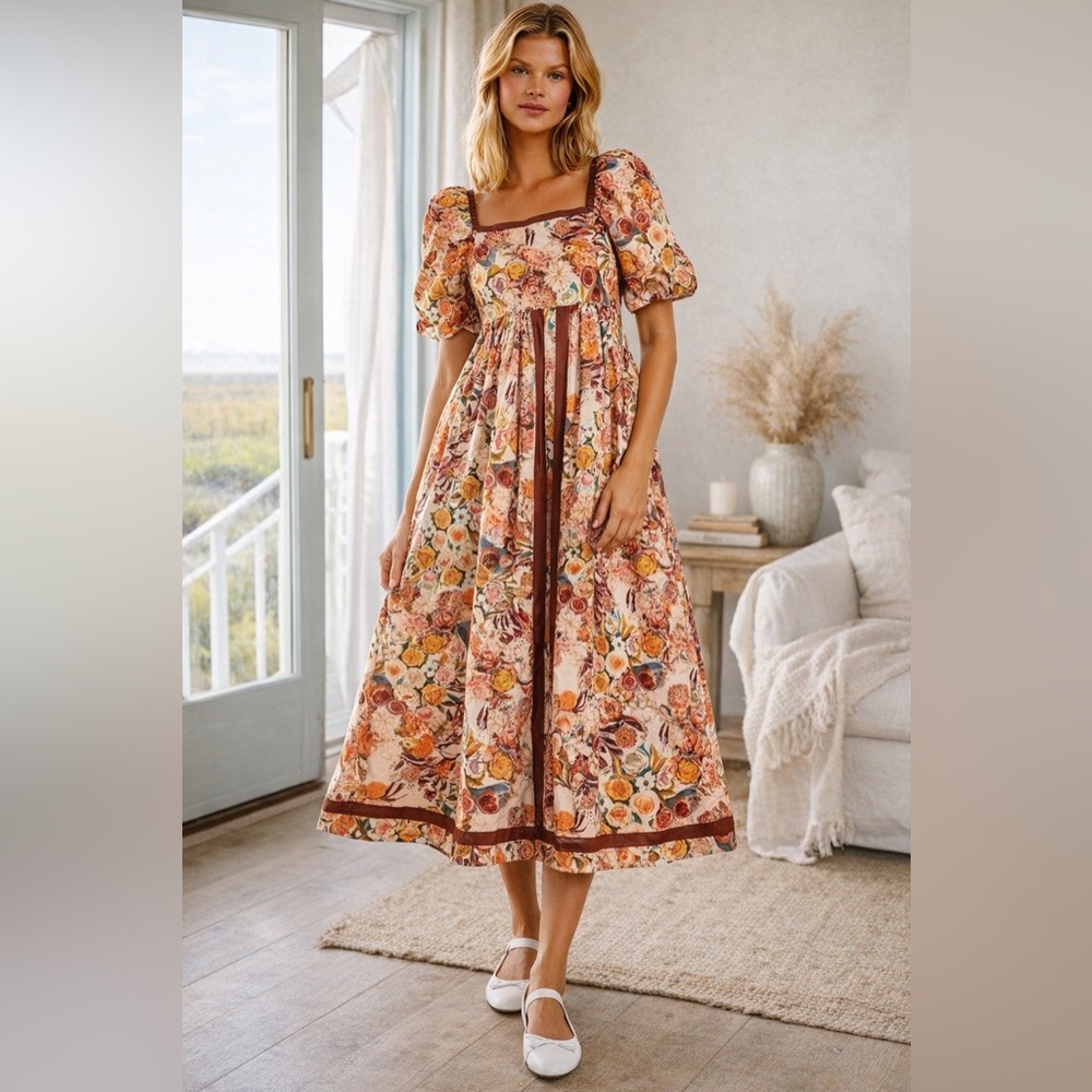 IN LOOM Floral Puff Sleeve Midi Dress | NWT | Cottagecore |Square Neck | S - L
